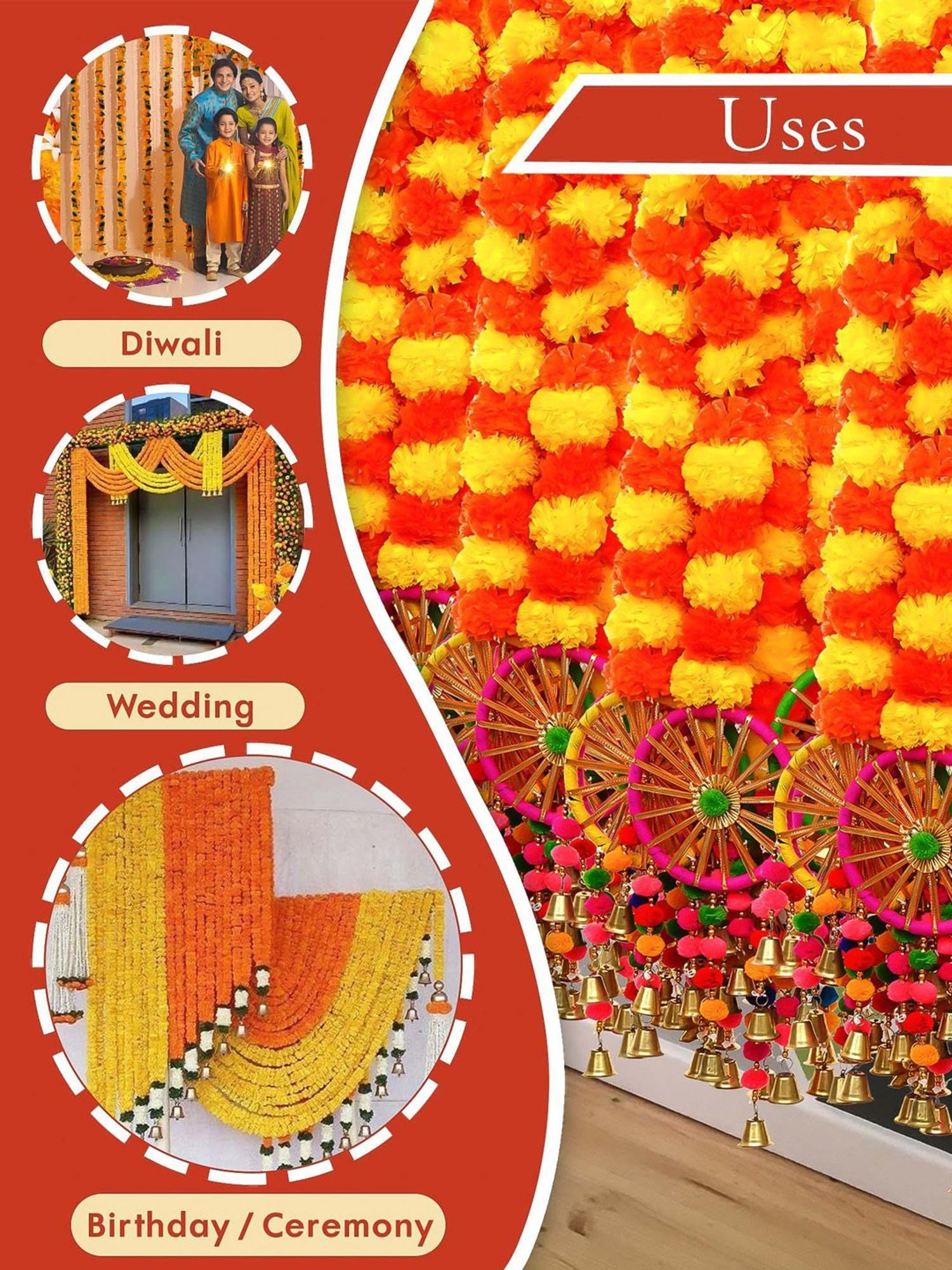 eCraftIndia Artificial Marigold Flowers Hangings with Bangles Ringing Bells (Pack of 4)