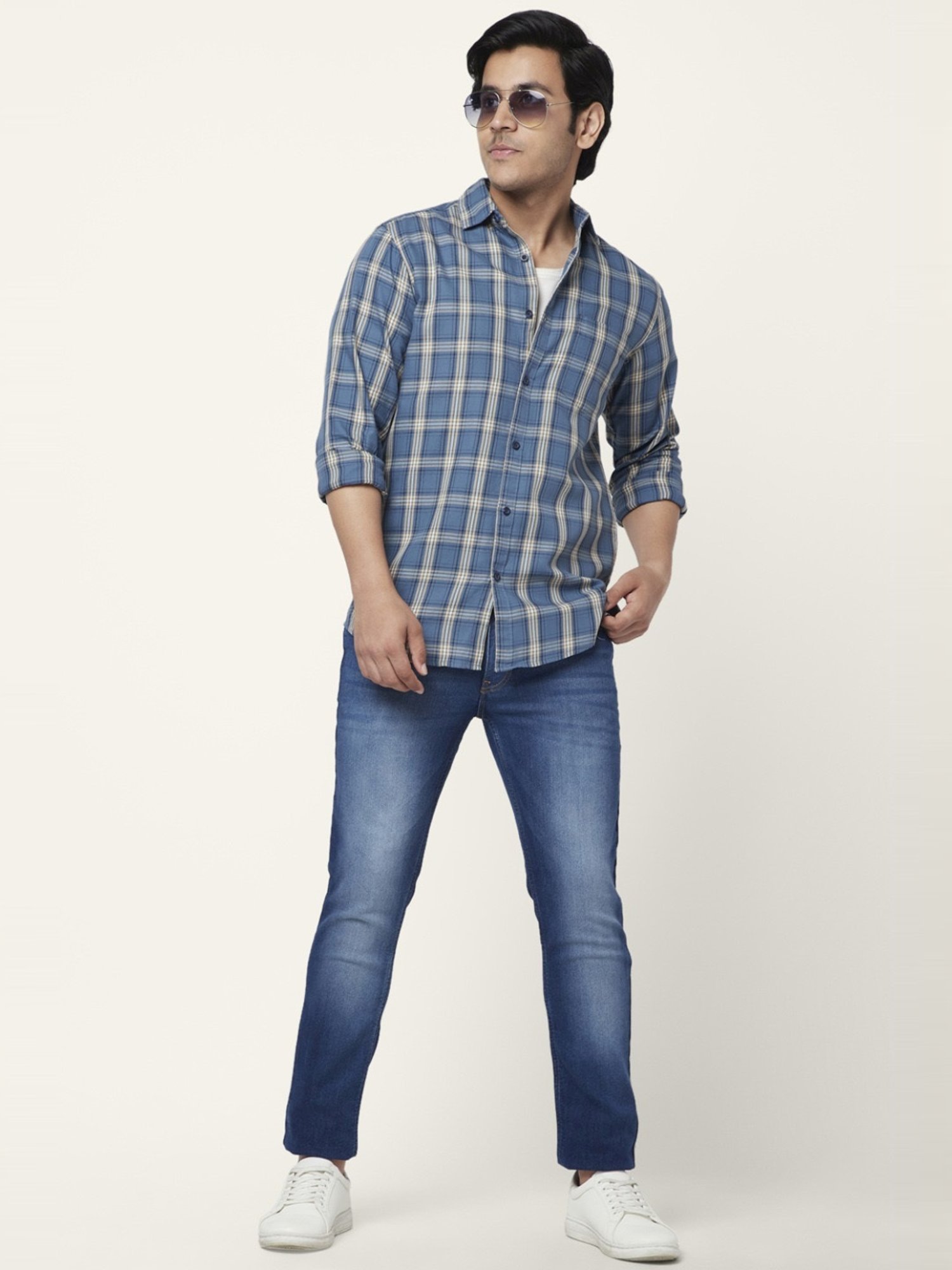 Spykar Blue Cotton Slim Fit Checks Shirt