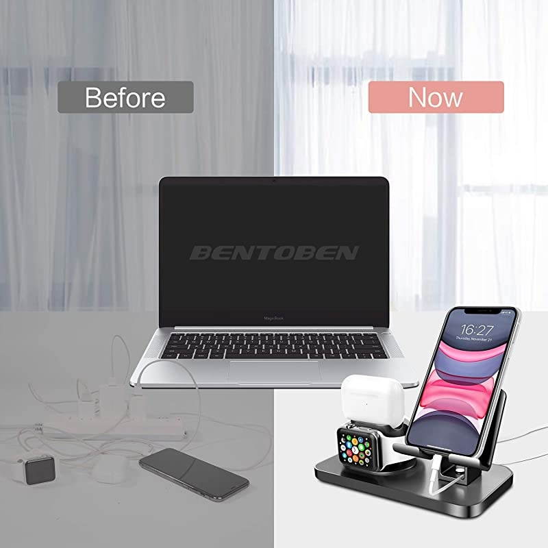 3 in 1 Charging Stand for Apple Watch Series 5/4/3/2/1, Airpods 2/1, Compatible with iPhone 12 Pro 2020 11 SE2 XS MAX XR XS 8 7 6 6s Plus 5s, iPad Tablet Stand(Original Cables Required),Black