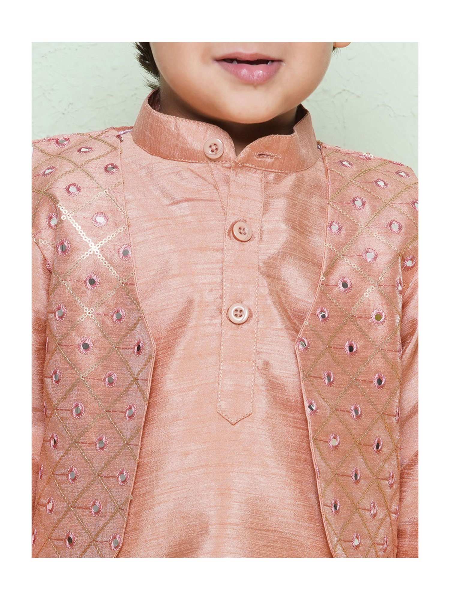 AJ Dezines Kids Peach & Cream Embellished Full Sleeves Kurta, Dhoti with Waistcoat