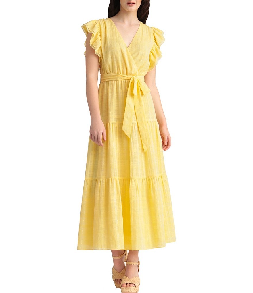 Maggy London Textured Tonal Plaid Faux Wrap Midi Dress