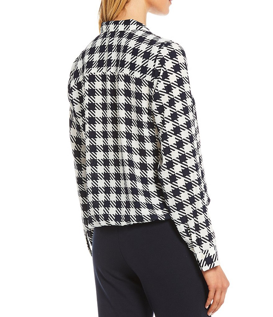 Tommy Hilfiger Check Plaid Print Button-Front Drawstring Hem Long Sleeve Top