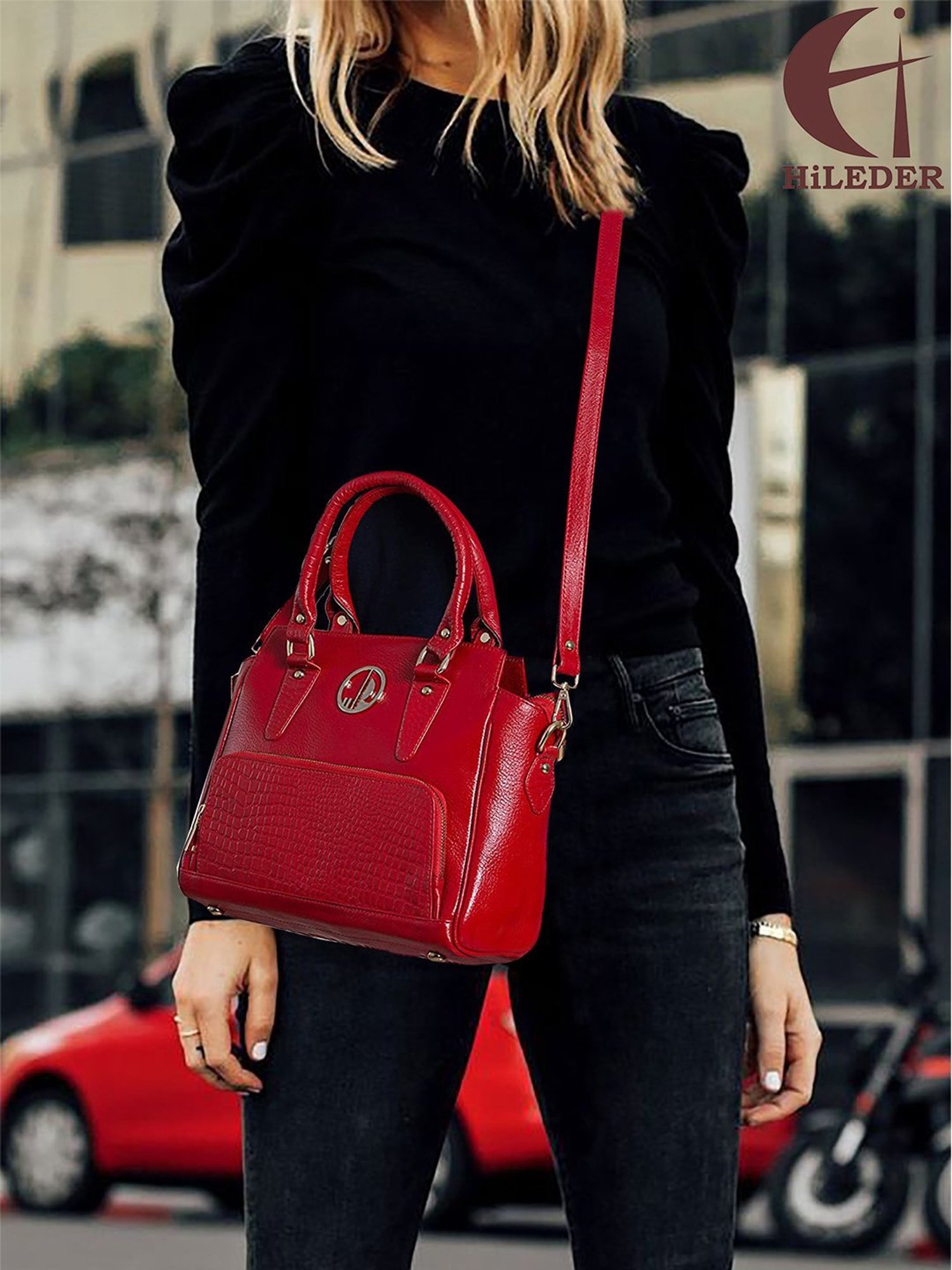 HiLEDER Red Solid Medium Satchel Handbag