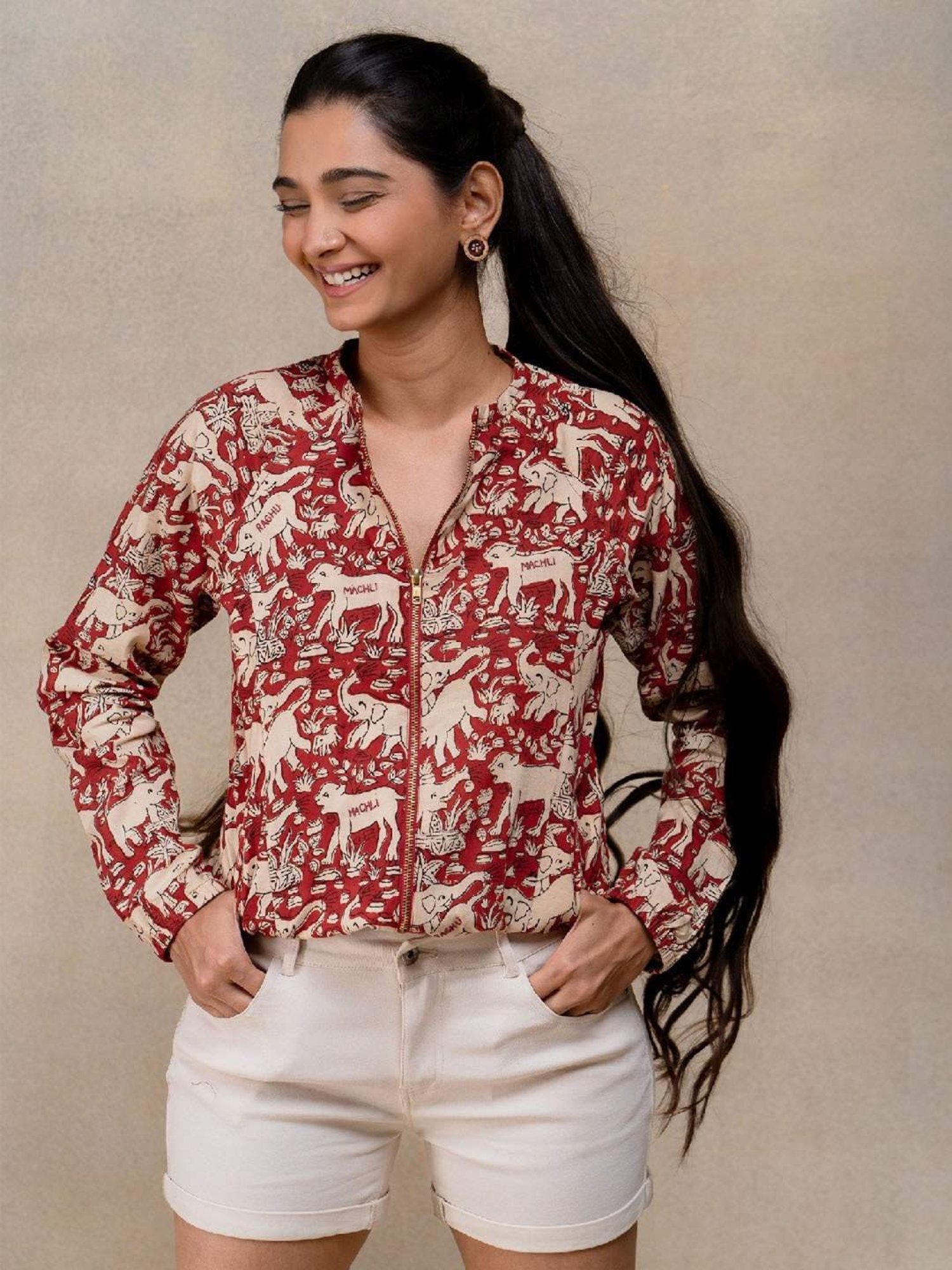 Okhai Red Animal Print Pure Cotton Casual Jacket