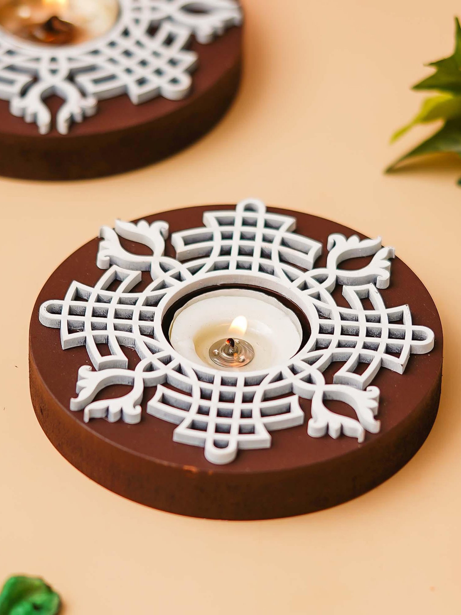 eCraftIndia Set of 12 Round Wooden Block Print Tea Light Candle Holders, Diya Stands