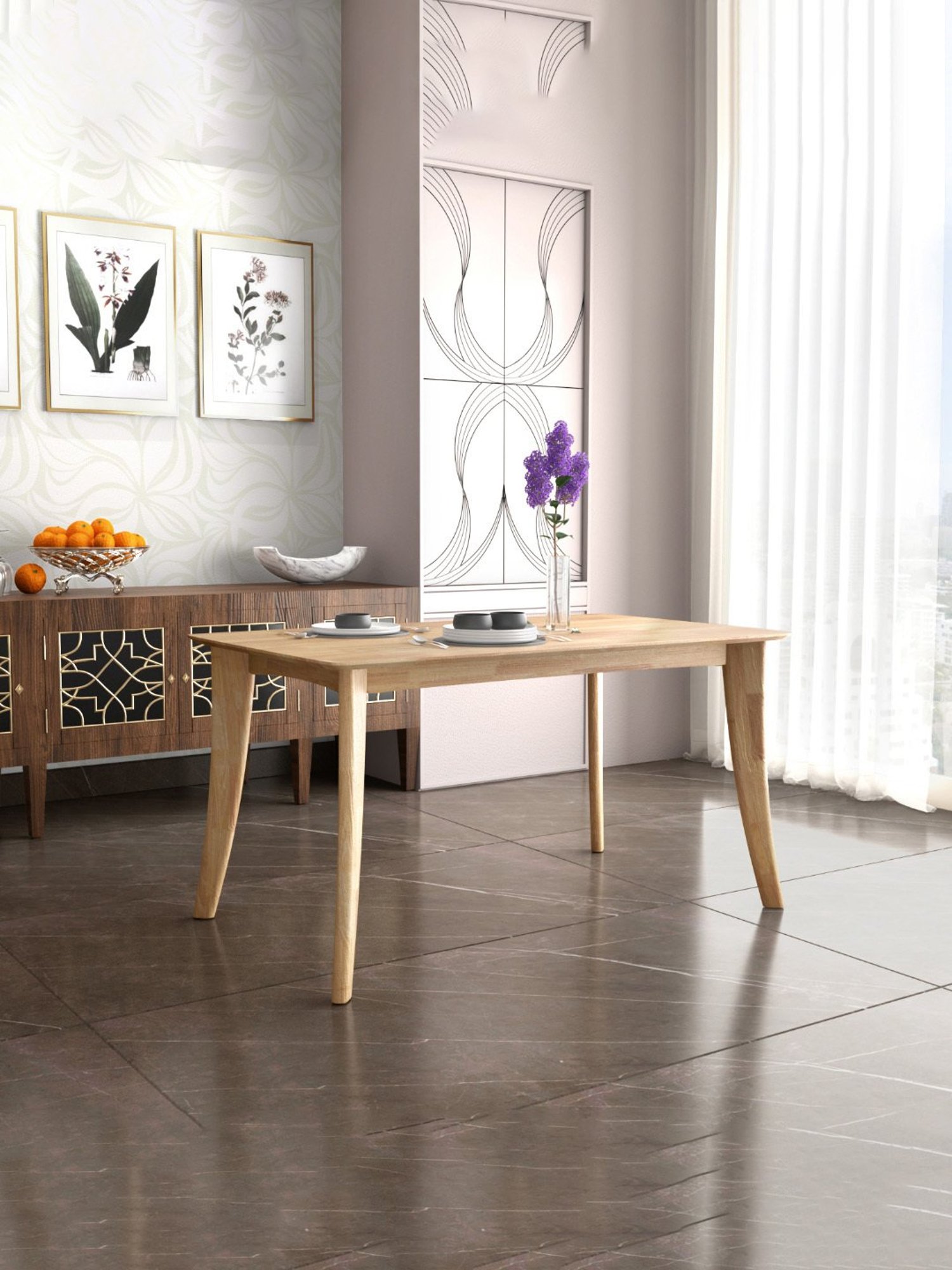 Godrej Interio Sandcastle Beige Rubber Wood 6 Seater Rectangular Dining Table