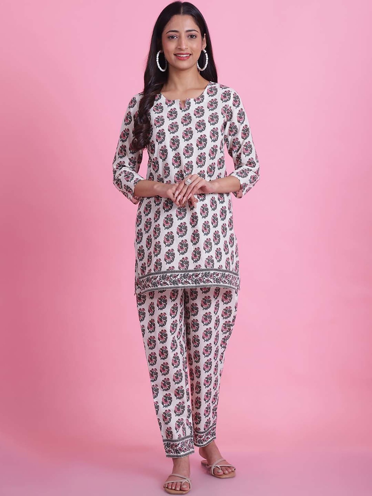 Prakrti White Cotton Floral Print Top Pant Set