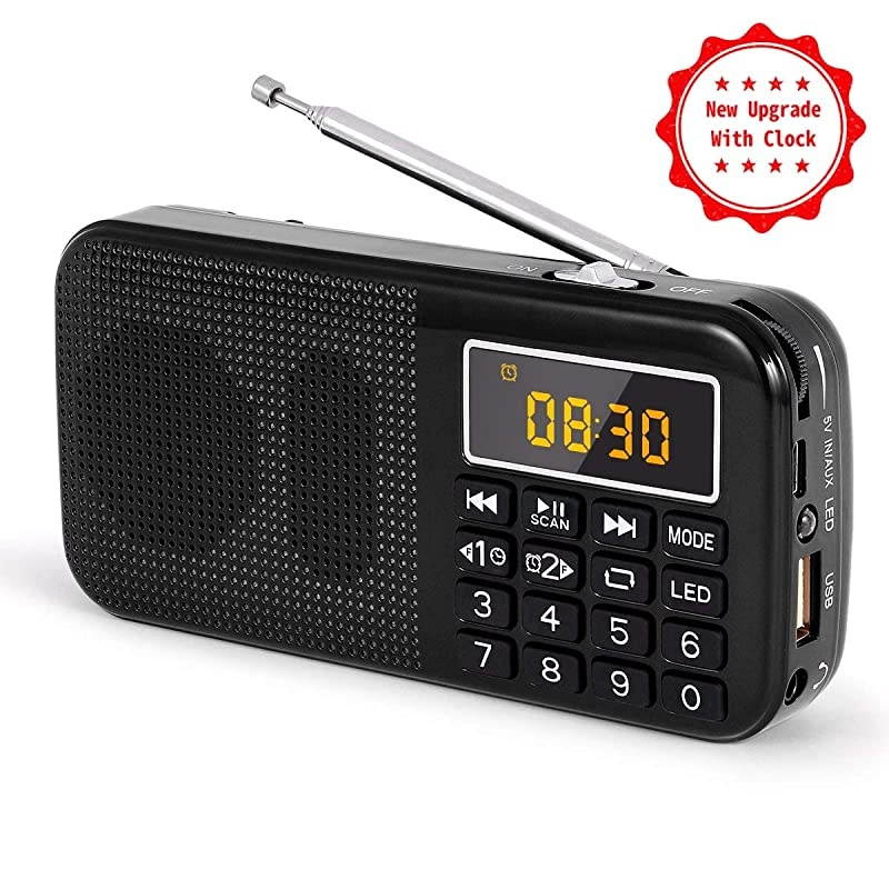 J725C Portable Mini FM Radio Speaker Music Player USB Drive TF Card with LED Display Alarm Clock 3000 Rechargeable Battery NO AMBlack