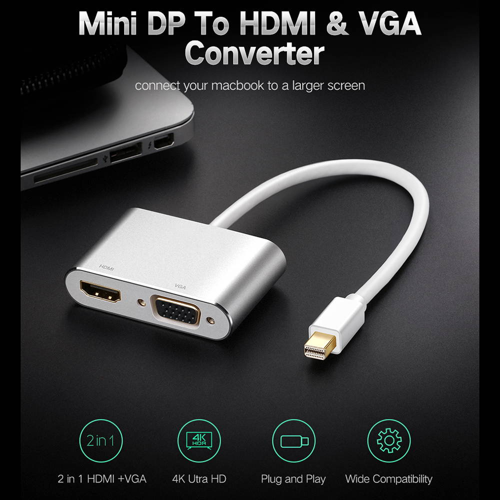 Mini DisplayPort to HDMI VGA Adapter, CableCreation 2 in 1 Mini DP Hub (Thunderbolt 2) Converter Compatible with MacBook Pro, iMac, HDTV, Projector, 4K UHD Monitors