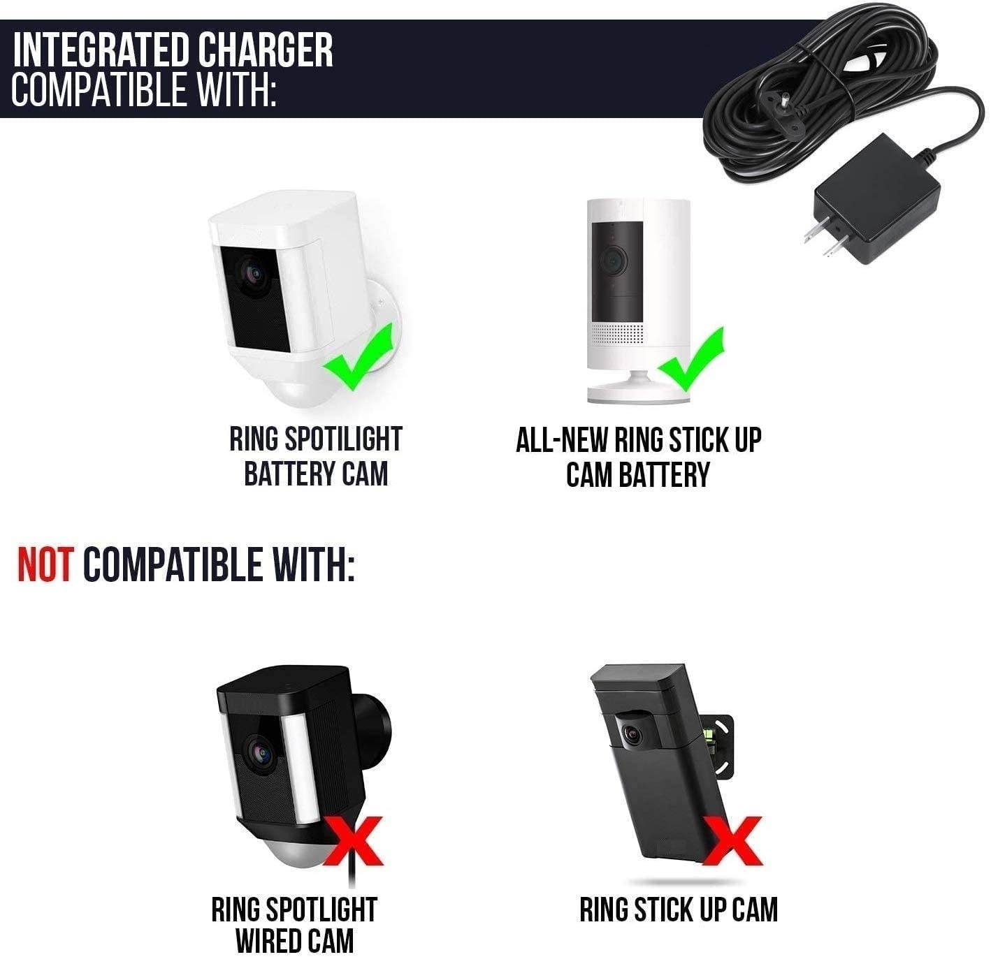 Wasserstein Weatherproof Integrated Charger for Ring Spotlight Cam Battery & Ring Stick Up Cam Battery - Extra Long and Thin 21ft Cable (Black)