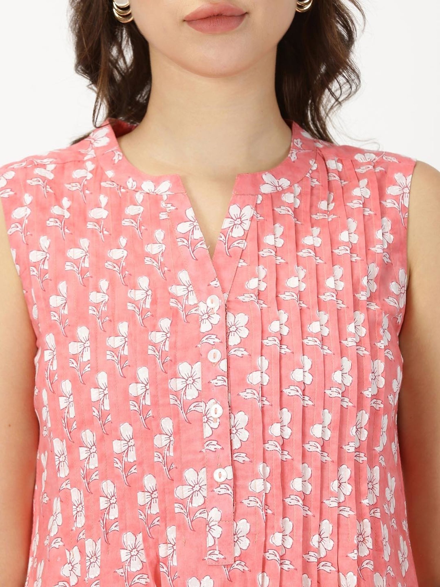 Saffron Threads Coral Cotton Floral Print Ethnic Dress