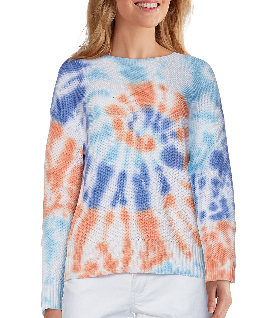 Ruby Rd. Petite Size Tie Dye Tuck Stitch Drop Shoulder Cotton-Blend Sweater