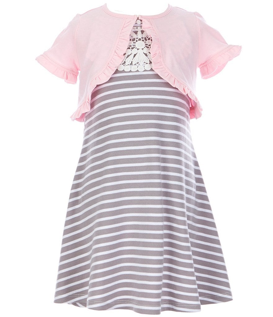 Rare Editions Little Girls 2T-6X Short-Sleeve Shrug & Lace-Yoke Striped Shift Dress Set