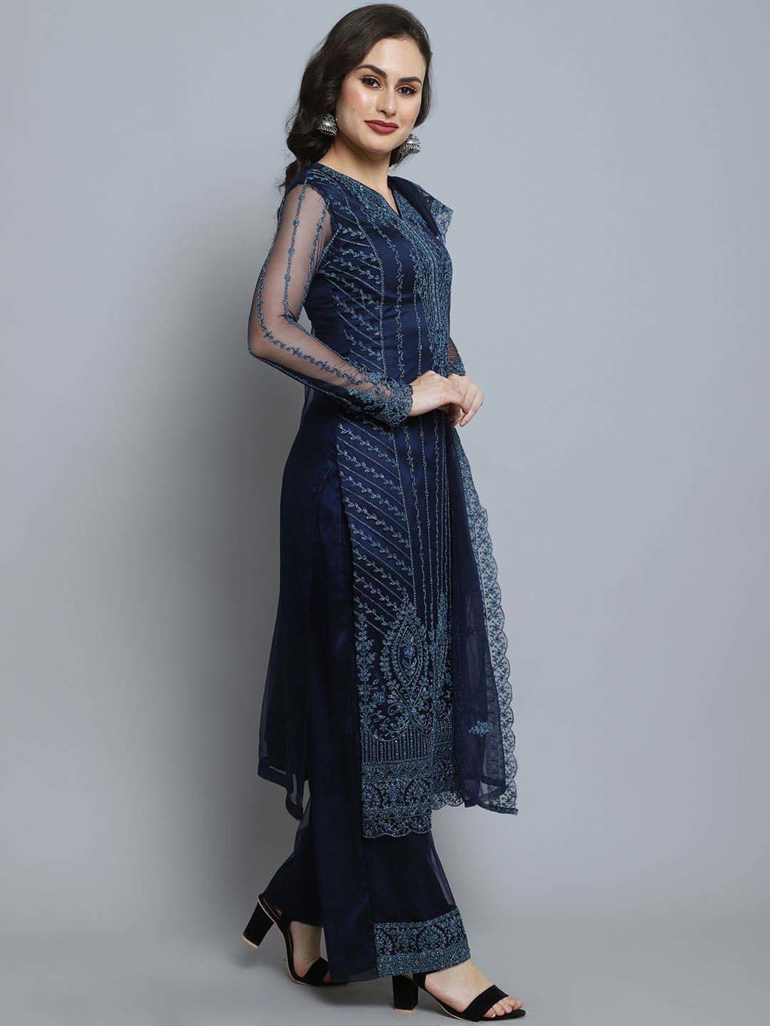 Stylee LIFESTYLE Navy Embroidered Unstitched Dress Material