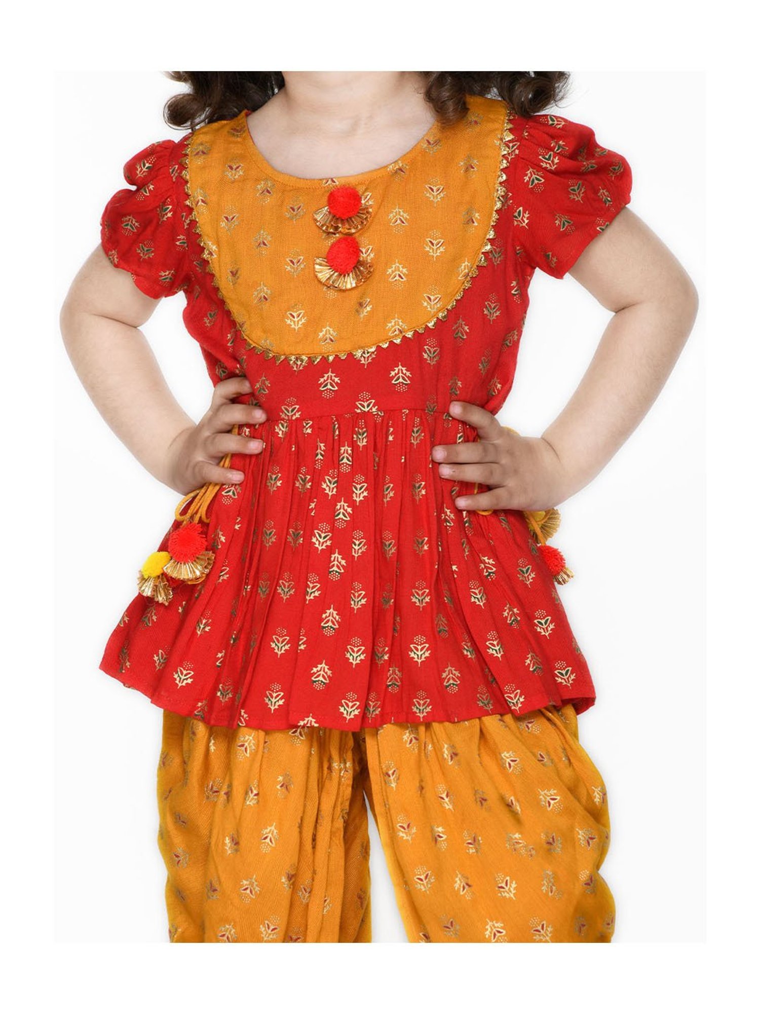 Saka Designs Kids Red & Mustard Printed Jhabla with Dhoti & Dupatta