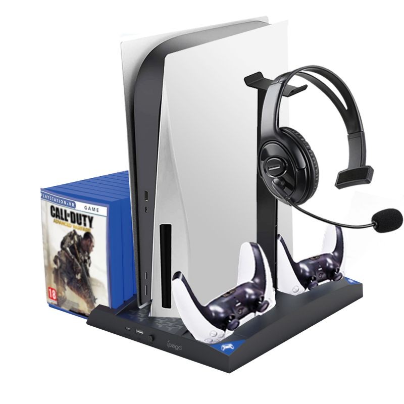 PS5 Vertical Stand with Cooling Fan Station Base & Headset Holder for Playstation 5 Console Disc Edition & Digital Edition with 2 Controllers Charger & 17 Game Disc Slots Organizer &1 Headphone Stand
