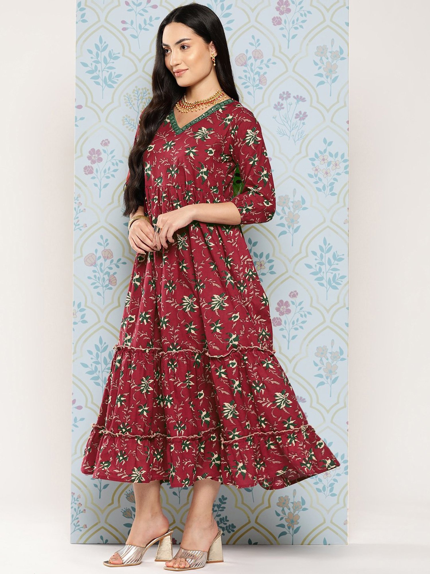 Yufta Maroon Floral Print Ethnic Dress