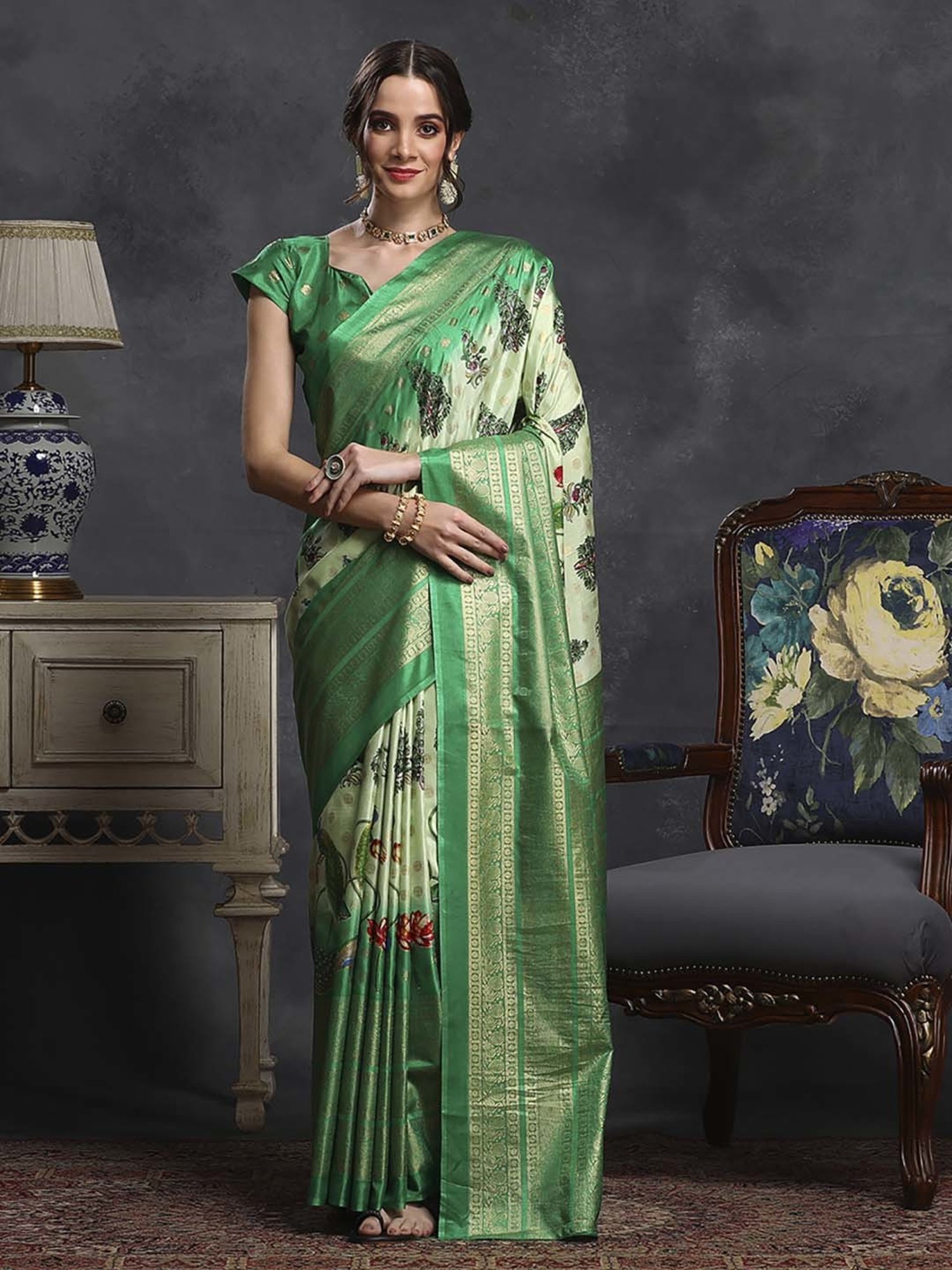 Saree Mall Green Silk Printed Saree With Unstitched Blouse