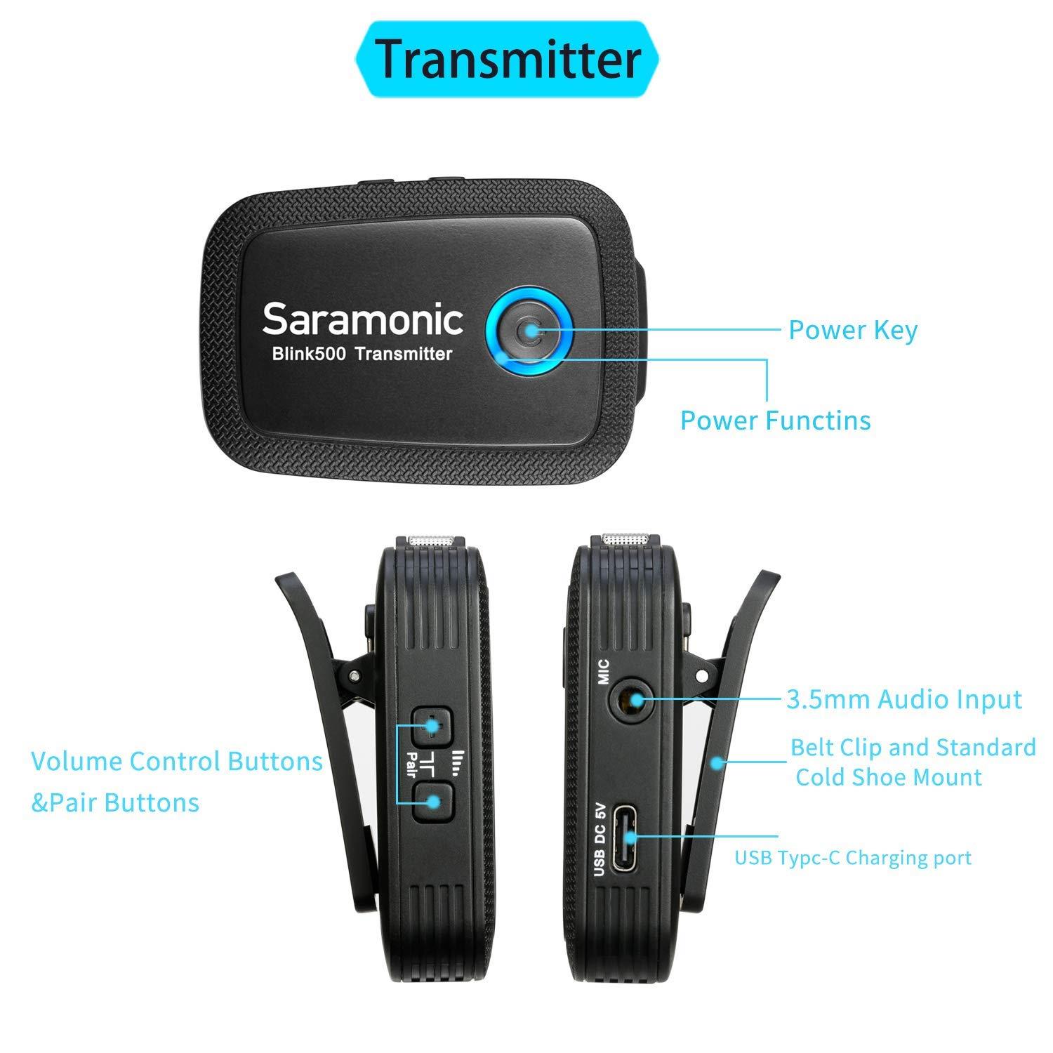 2.4GHz Wireless Microphone System for Camera Smartphones, Saramonic Blink500 Ultracompact Dual-Channel Mic for DSLR, Mirrorless and Video Cameras, Mobile Devices YouTube Facebook Live (TRS & TRRS)
