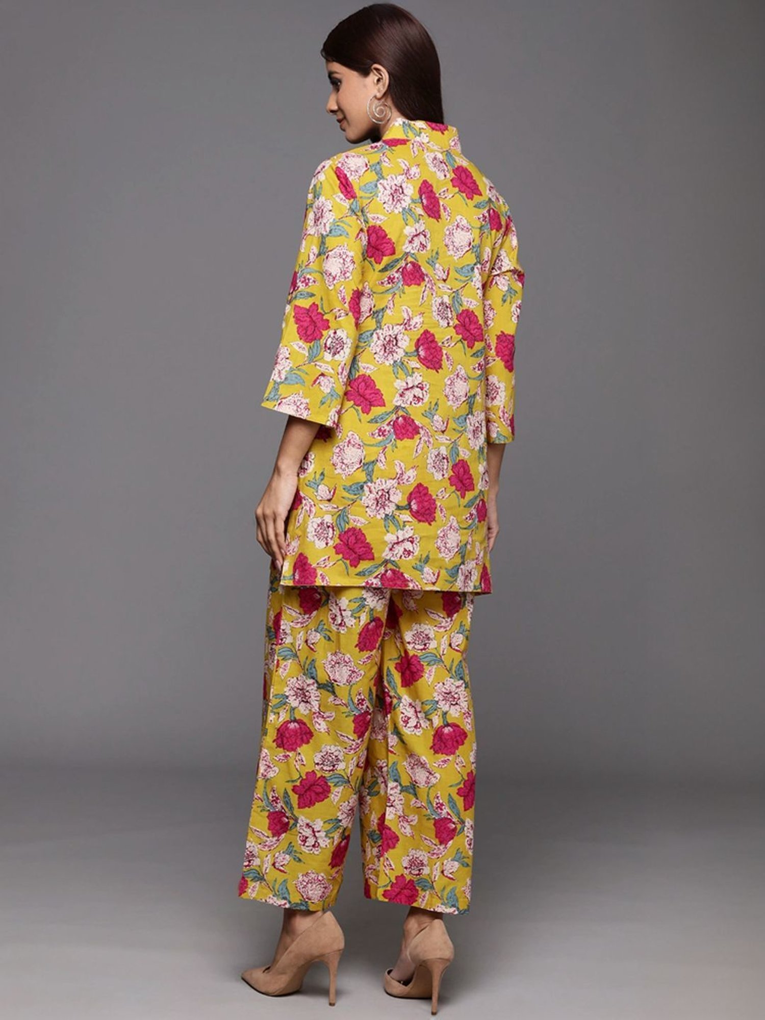 Varanga Yellow Cotton Floral Print Tunic Pant Set