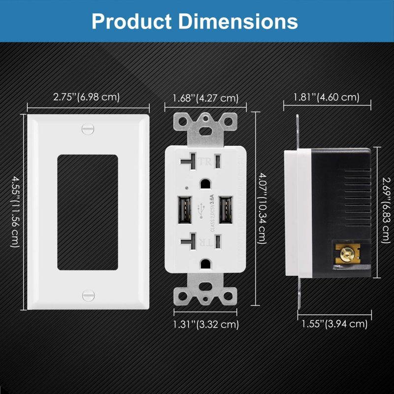 [2 Pack] BESTTEN 3.6A Dual USB Receptacle Outlet with 20 Amp AC Outlets, Smart Chip USB Charger, Wallplate Included, UL Listed, White
