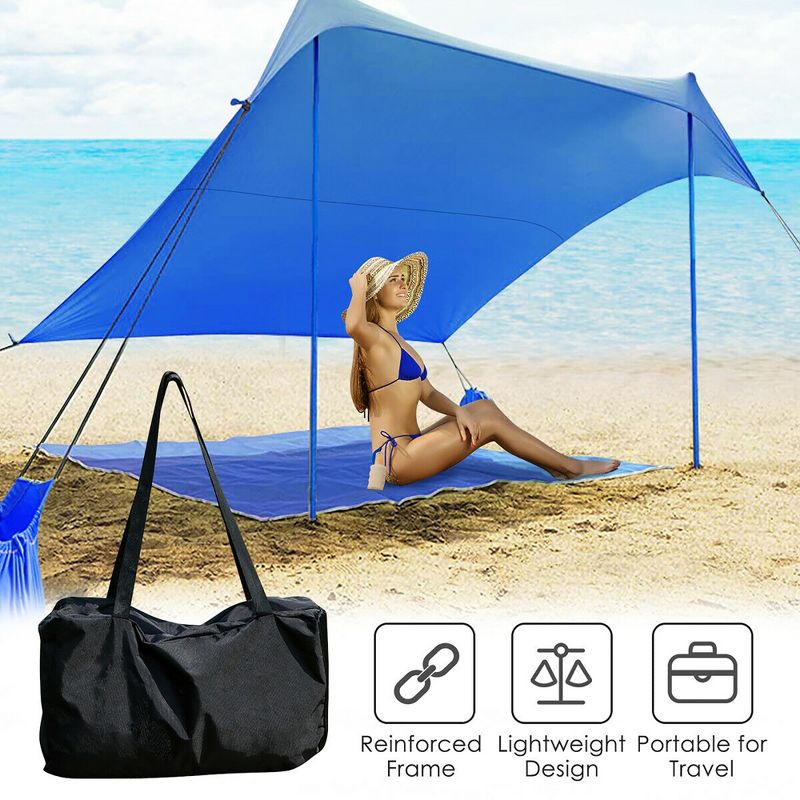 Costway Family Beach Tent Canopy w/ 4 Poles Sandbag Anchors 7'x7' UPF50+ Blue
