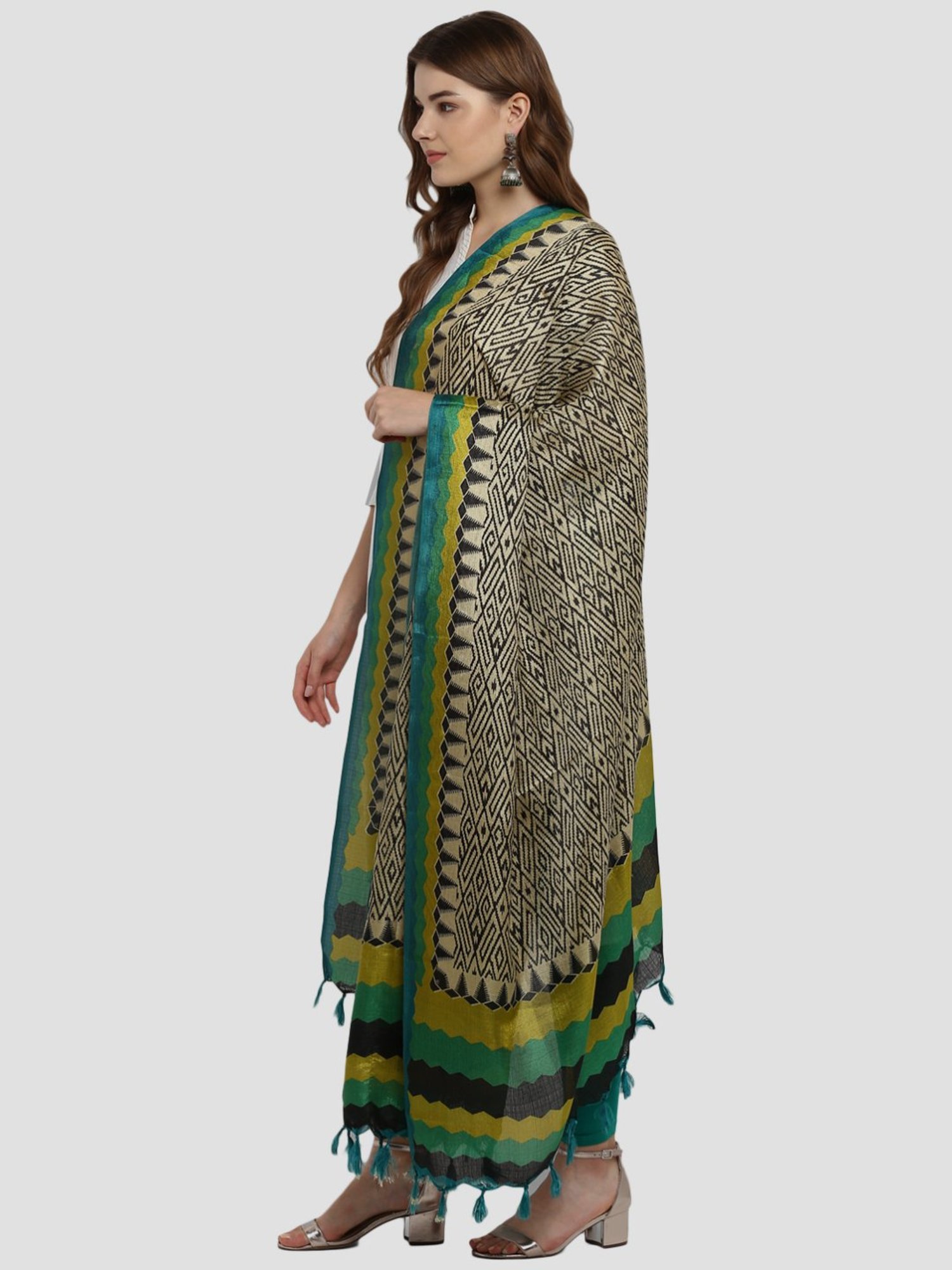 Saree Mall Beige & Green Printed Dupatta