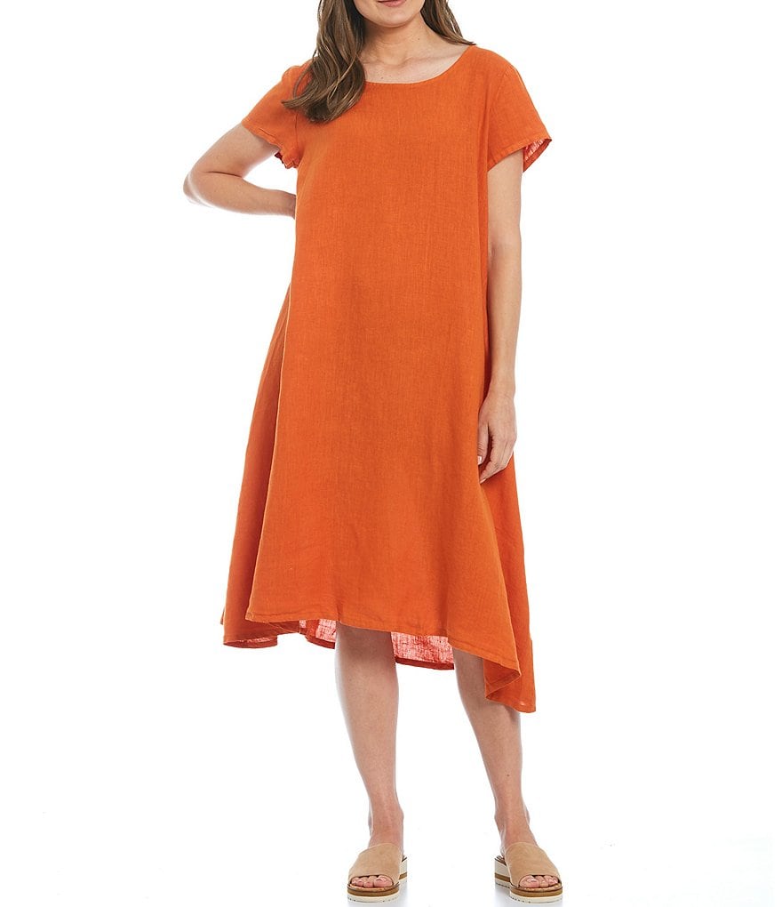 Bryn Walker Winslow Light Linen Round Neck Short Sleeve Oversized Fit Sharkbite Hem Swing Dress