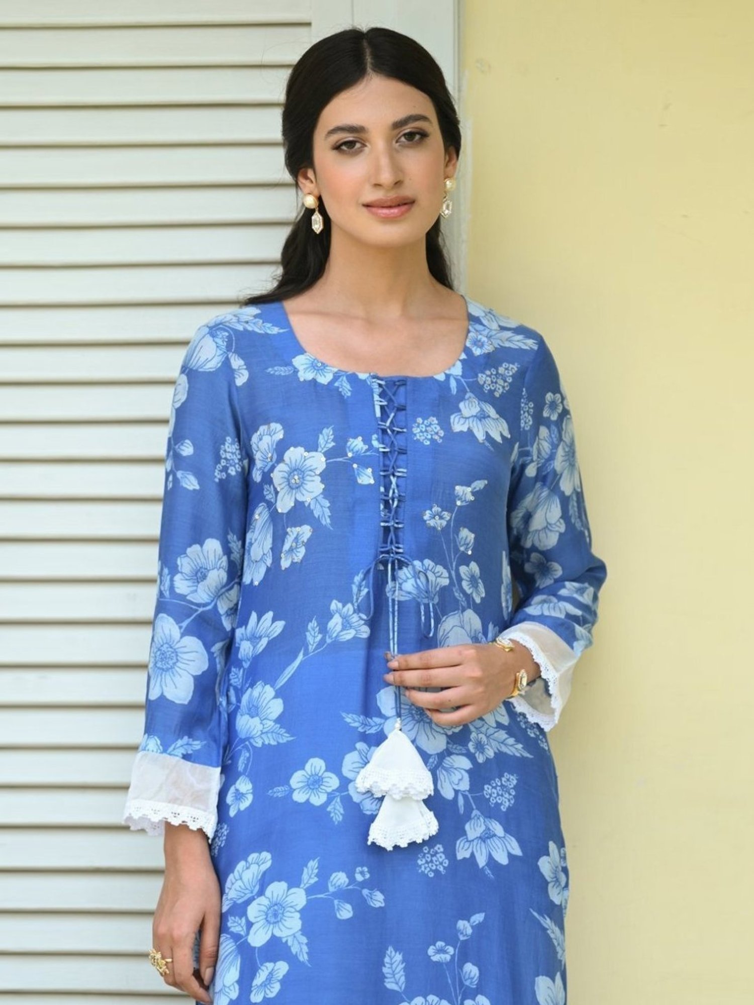Mahee Jaipur Blue Bloom Muslin Kurti with Pant