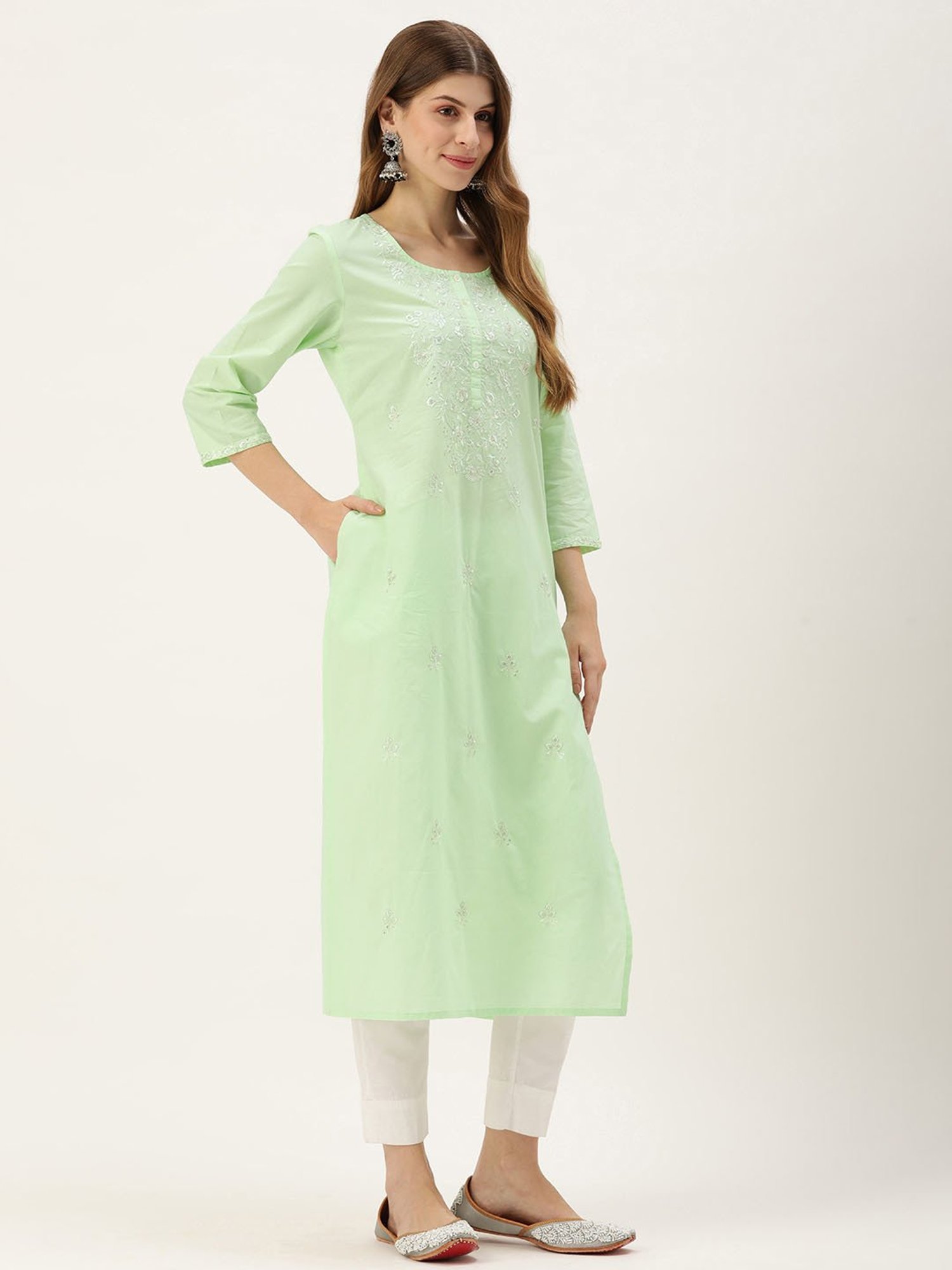 Amukti Light Green Cotton Embroidered A Line kurta