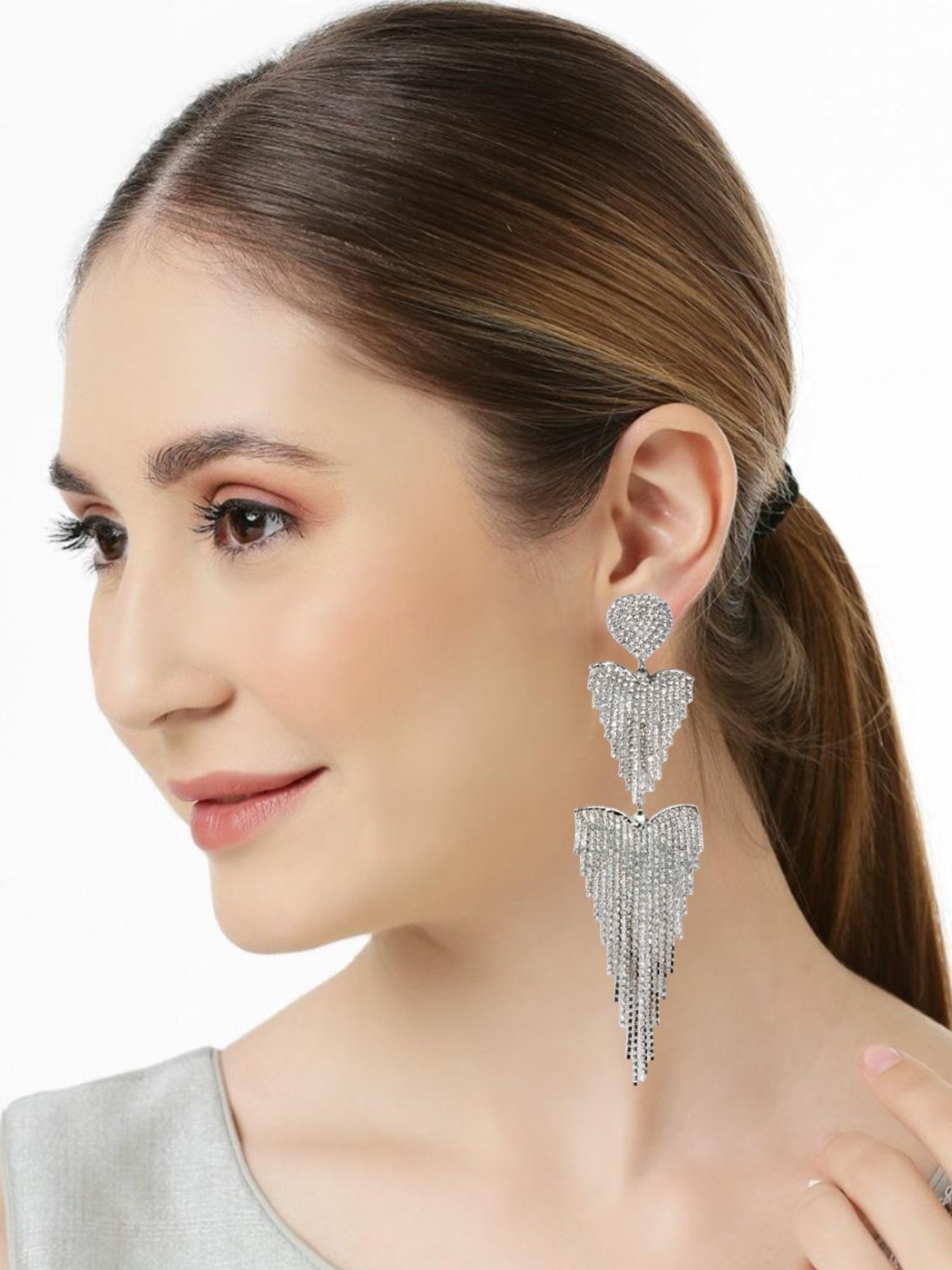 OOMPH Siver Crystal Double Heart Rainfall Tassels Statement Dangler Earrings