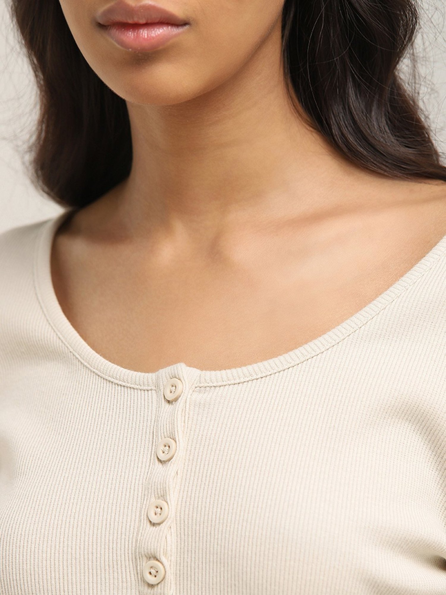 Nuon by Westside Beige Ribbed-Textured Cotton Blend Top