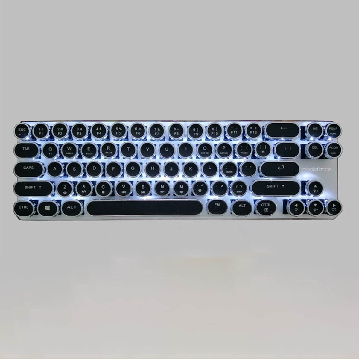 Mechanical Gaming Keyboard with Kailh Blue Switches White Backlight Silver Plate and Black Steampunk Retro Typewriter Style keycaps 68 Keys Mini Keyboard