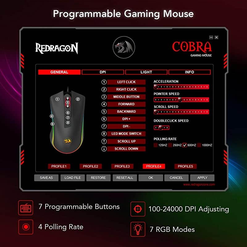 M711FPS Cobra FPS Optical Switch LK Gaming Mouse with 168 Million RGB Color Backlit 24000 DPI 7 Programmable Buttons