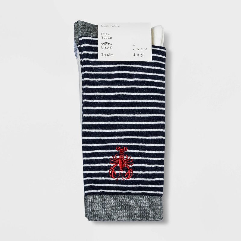 Women's Embroidered Lobster 3pk Crew Socks - A New Day™ Navy/Cream 4-10