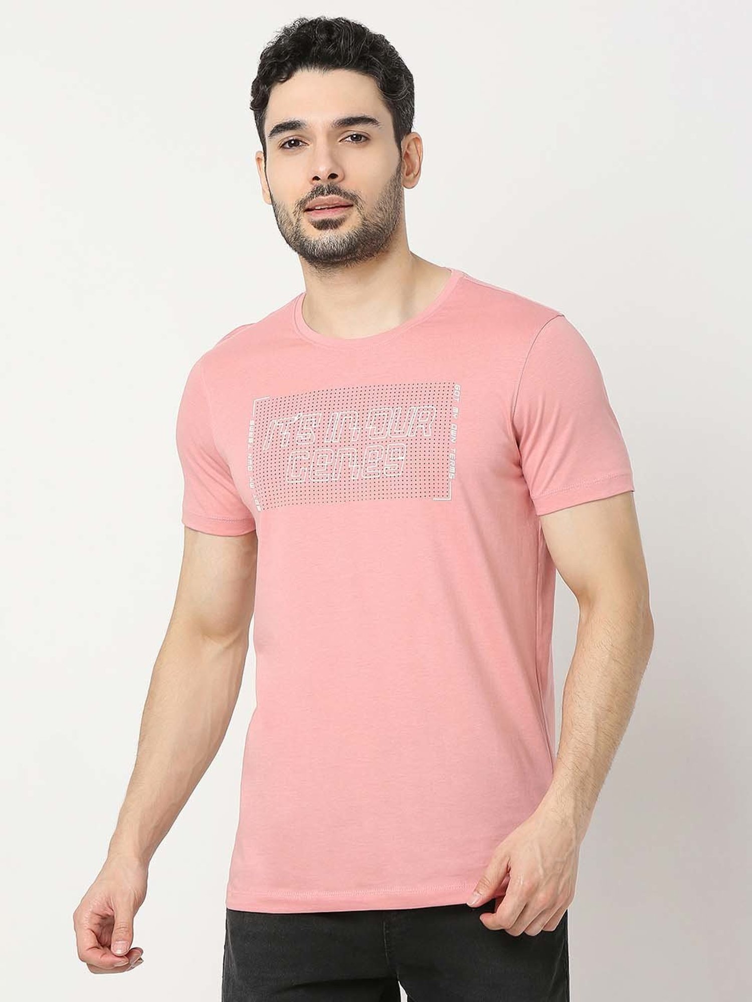 UnderJeans by Spykar Pink Regular Fit Self Design Cotton Crew T-Shirt
