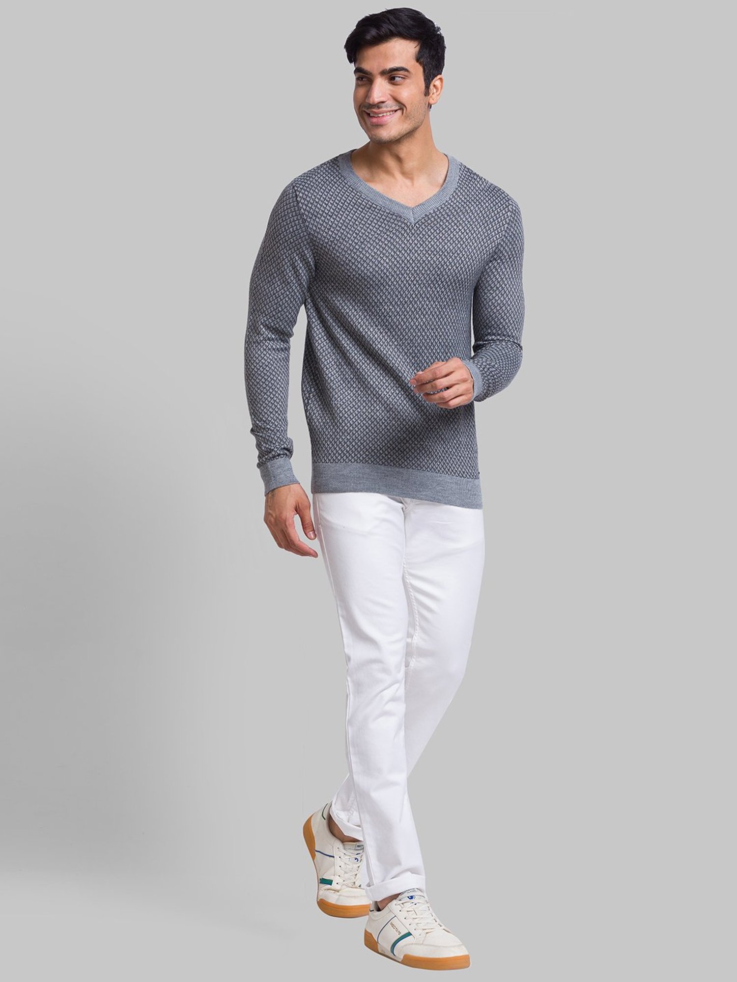 Parx Grey Regular Fit Checks Sweater