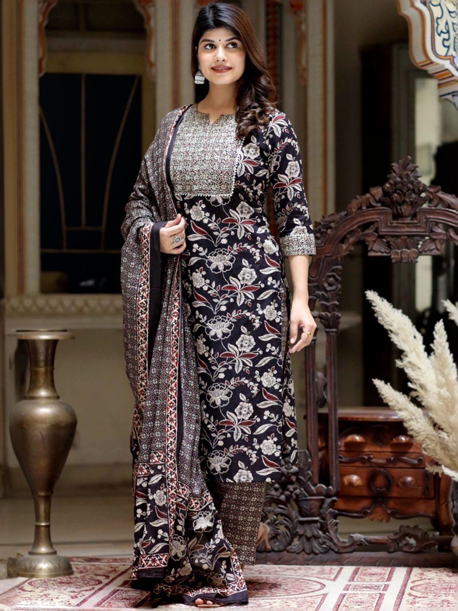 Miravan Black Cotton Embroidered Kurta Palazzo Set With Dupatta