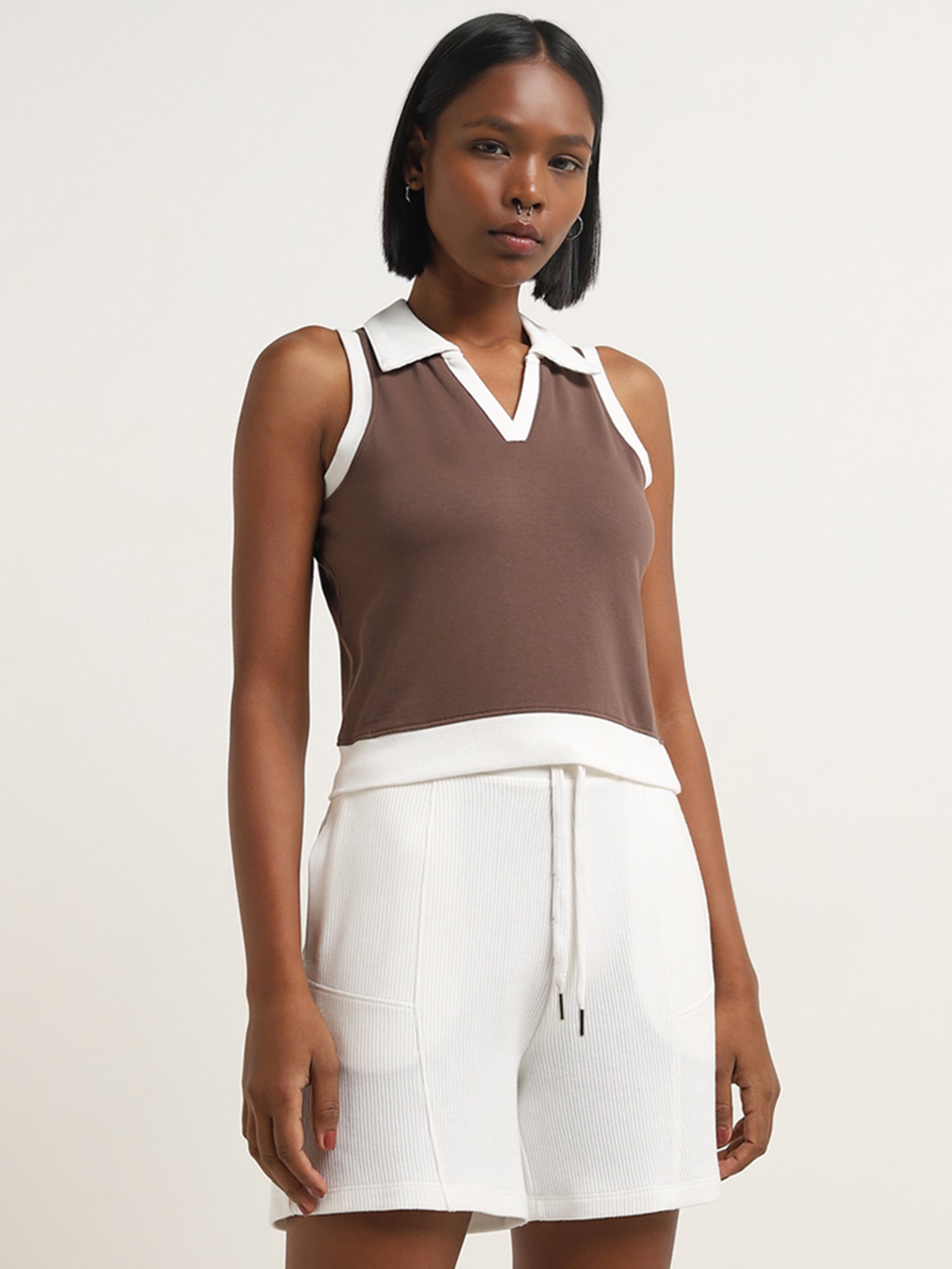 Studiofit by Westside Brown Collared Cotton Blend T-Shirt