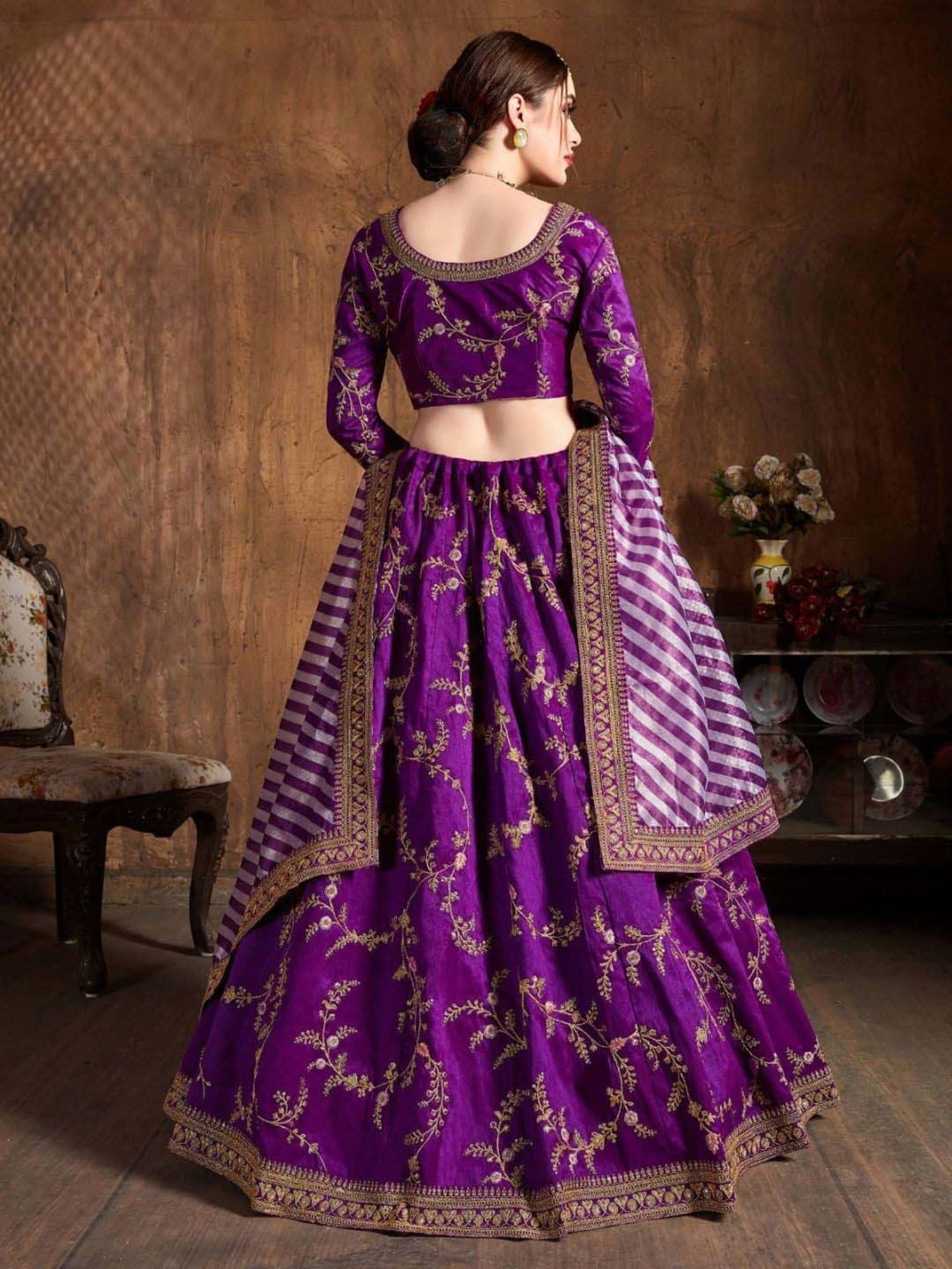Odette Purple Embroidered Lehenga Choli Set With Dupatta