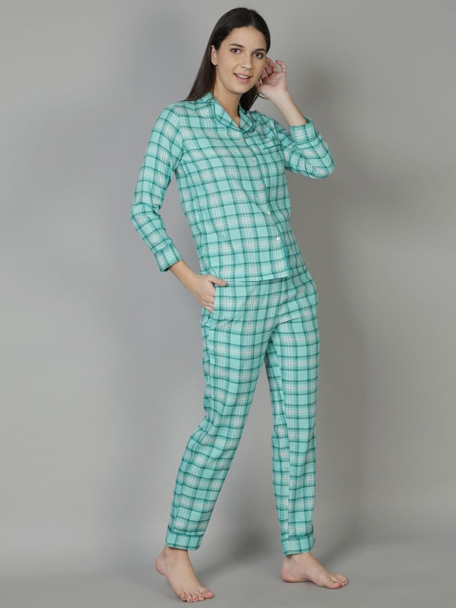 Dusk Attire Blue Green Checkered Pyjama Set