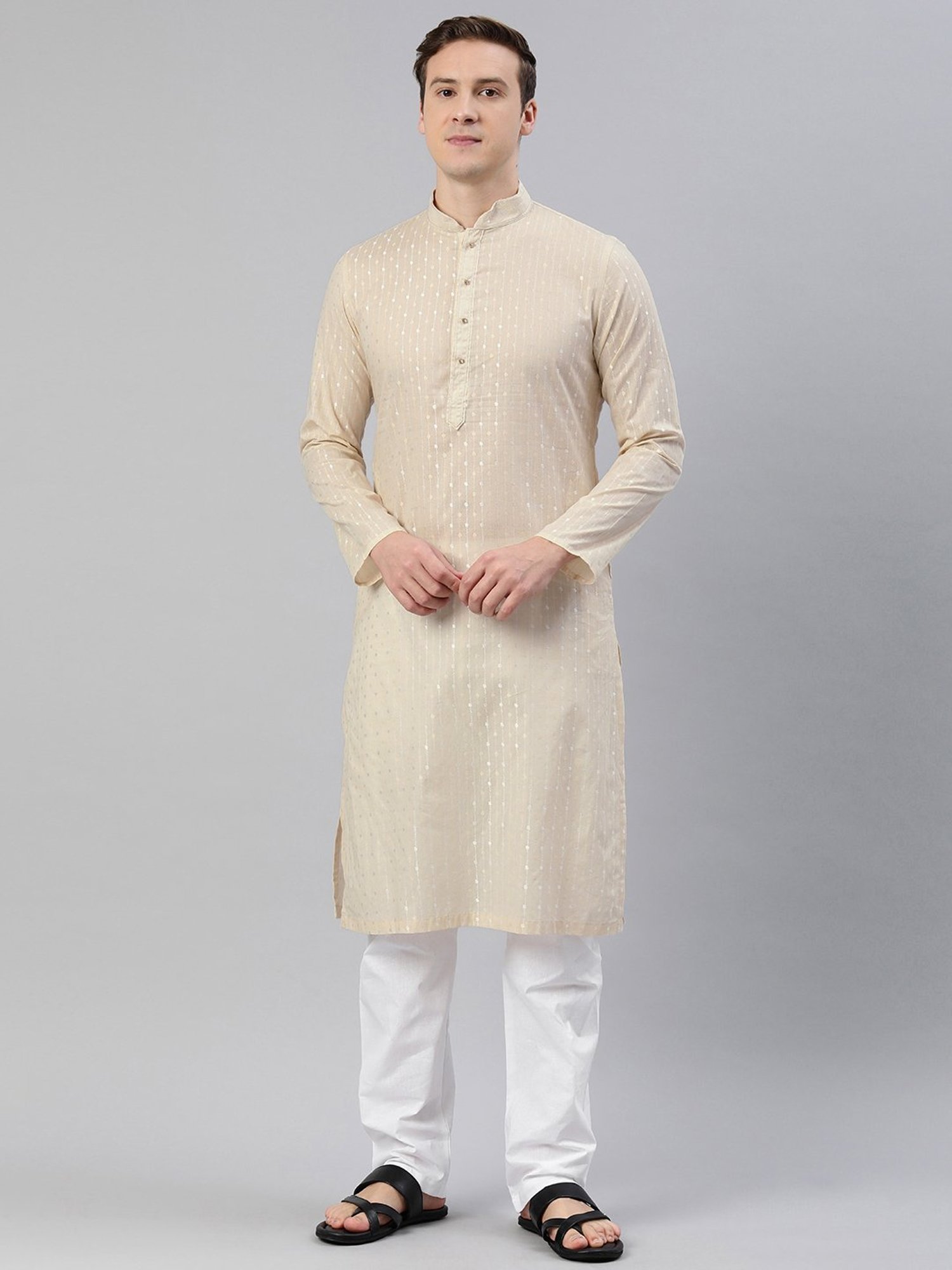 Manthan Light Beige & White Regular Fit Self Design Kurta & Pyjamas Set