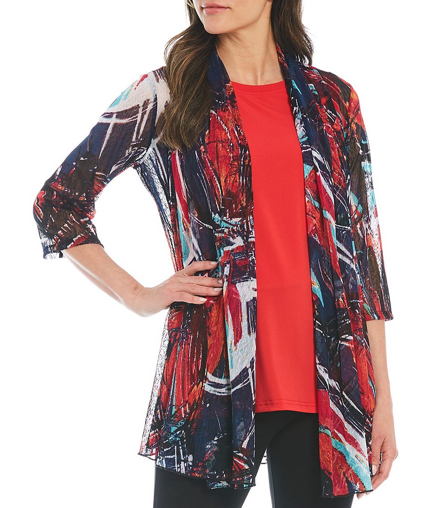 Ali Miles Abstract Print Onion Skin Open Front 3/4 Sleeve Jacket
