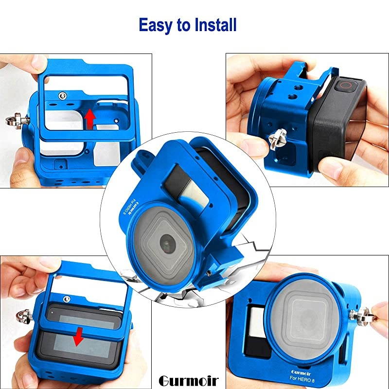 Case Aluminum Alloy Back Door Housing Frame for Gopro Hero 8 Black Action Camera Wire connectable Protective Metal Side Open Shell with 52mm UV Filterfor Gopro Hero 8 Blue
