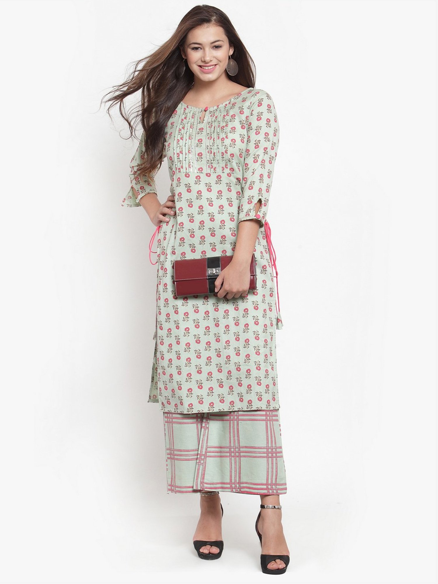 Indibelle Green Cotton Floral Print Straight Kurta