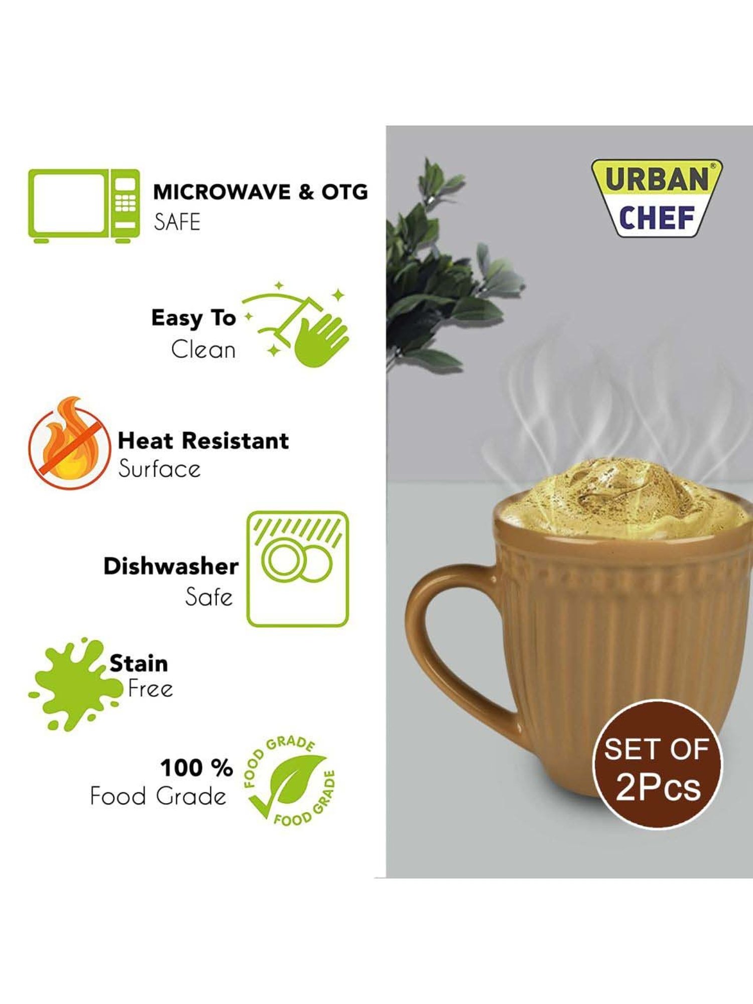 Urban Chef Brown & Green Ceramic Handcrafted Microwave Safe Tea Cup - Set of 2