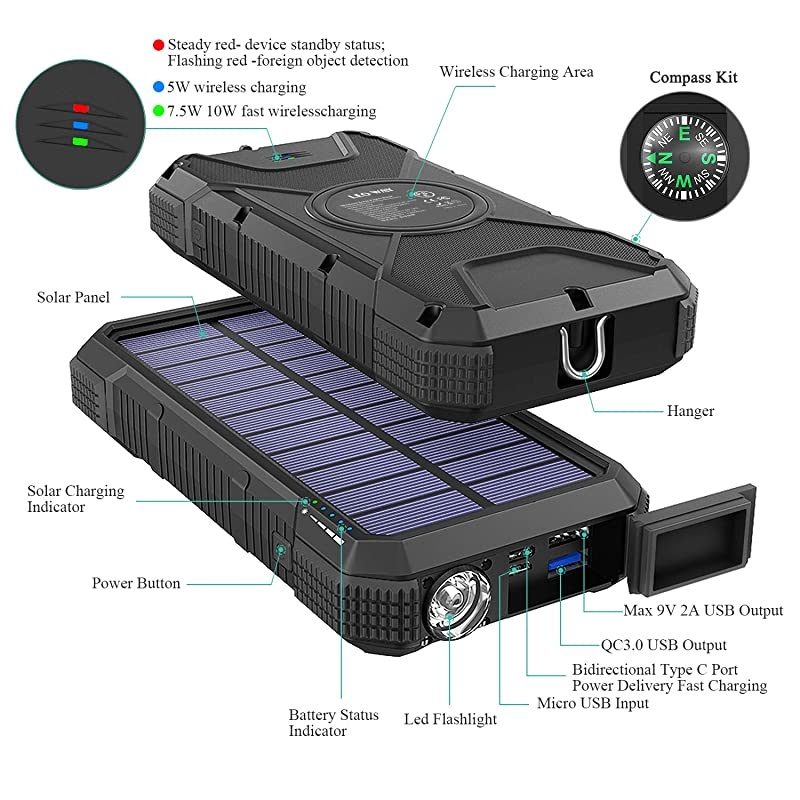 Charger Power Bank Portable Fast Charger 18W QC30 PD Qi Wireless Charging10W75W5W with 4 Outputs Dual Inputs 20000mAh IPX5Waterproof Shockproof Dustproof Black