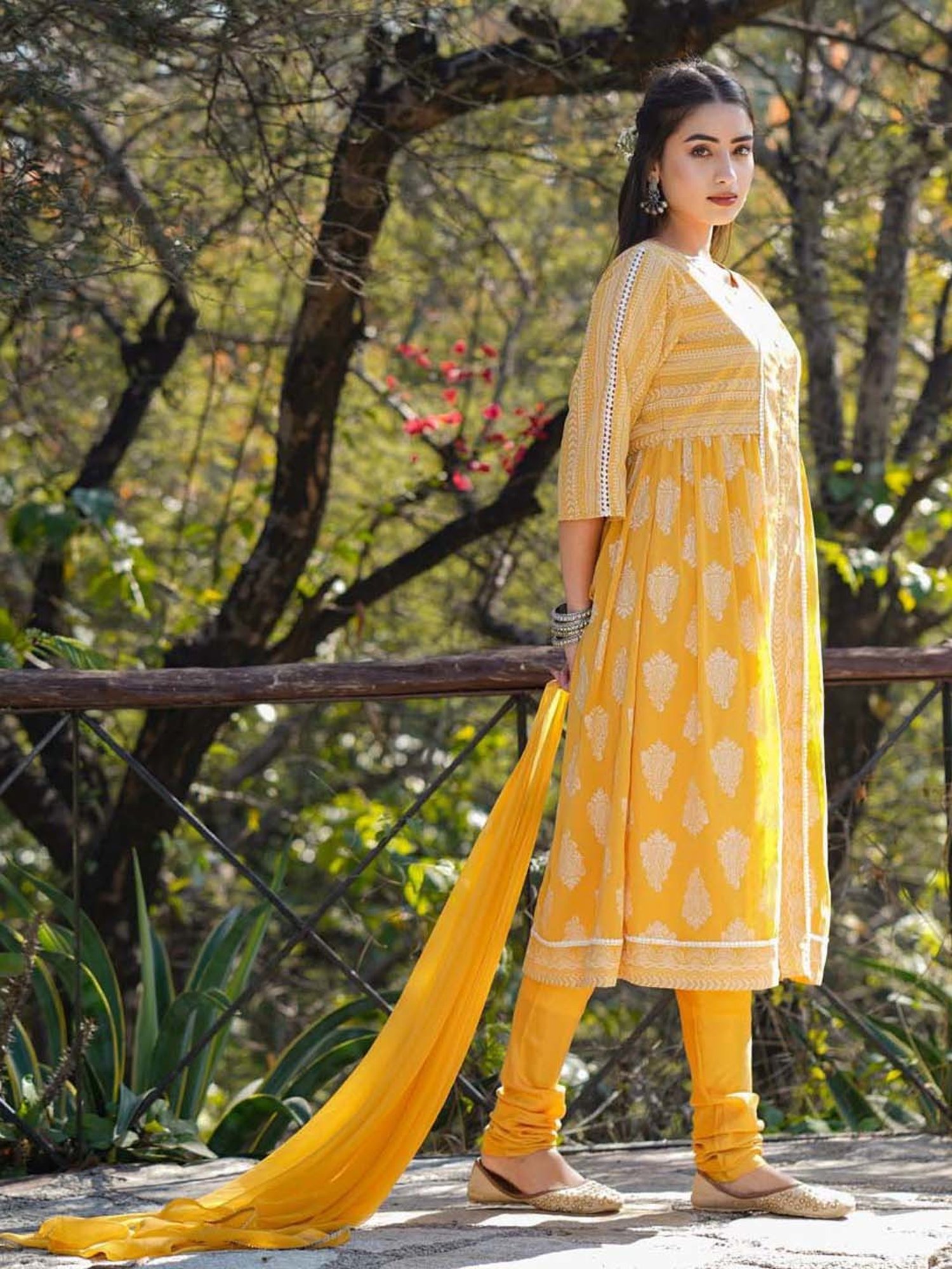Juniper Yellow Ethnic Motif Printed Georgette Kurta Churidar & Chiffon Dupatta Set With Lace Work