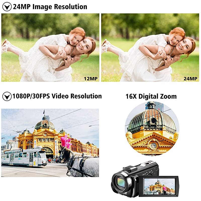 Video Camera Camcorder for YouTube  Digital Vlogging Camera FHD 1080P 30FPS 24MP 16X Digital Zoom 30 Inch 270&deg; Rotation Screen Video Recorder with Microphone Remote Control 2 Batteries