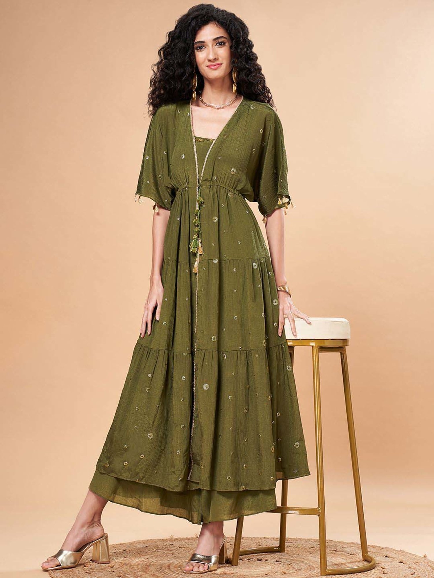 Marigold Lane Green Embellished Jumpsuit With Jacket